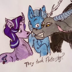 Size: 1080x1080 | Tagged: safe, discord, starlight glimmer, trixie, draconequus, pony, g4, to where and back again, angry, drawing, gritted teeth, implied fluttershy, question, scene interpretation, traditional art, trio