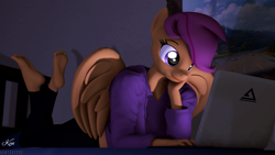 Size: 3840x2160 | Tagged: source needed, safe, artist:hunterz263, artist:kenaga, scootaloo, pegasus, anthro, plantigrade anthro, g4, 3d, 4k, barefoot, bed, bedroom, clothes, computer, cute, cutealoo, feet, female, high res, laptop computer, nexgen, older, older scootaloo, soles, solo, source filmmaker, sweater, the pose
