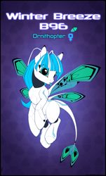 Size: 3770x6253 | Tagged: safe, artist:xn-d, oc, oc only, oc:winter breeze, original species, pony, ponymorph, robot, robot pony, :p, abstract background, absurd resolution, butterfly wings, eye clipping through hair, female, flying, reference sheet, solo, text, tongue out, wings