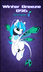 Size: 3770x6253 | Tagged: safe, alternate version, artist:xn-d, oc, oc only, oc:winter breeze, original species, pony, ponymorph, robot, robot pony, :p, abstract background, absurd resolution, butterfly wings, clothes, eye clipping through hair, female, flying, reference sheet, scarf, solo, text, tongue out, wings