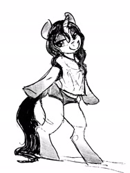 Size: 1536x2048 | Tagged: safe, artist:dimfann, oc, oc only, oc:sylvine, pony, unicorn, bipedal, clothes, lidded eyes, looking at you, shirt, shorts, sketch, smiling, solo