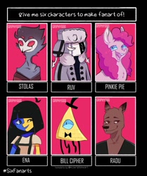 Size: 858x1024 | Tagged: safe, artist:griphy666, pinkie pie, bird, demon, earth pony, humanoid, owl, pony, anthro, g4, :d, anthro with ponies, bill cipher, bird demon, bowtie, bust, crossover, ena, female, gravity falls, hat, hellaverse, hellborn, helluva boss, loo loo land, male, mare, open mouth, owl demon, radu, ruv, ruvyzvat, six fanarts, smiling, stolas, stolas (helluva boss), top hat, triangle