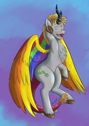 Size: 2480x3508 | Tagged: safe, artist:reminic, oc, hybrid, original species, pegasus, pony, unicorn, colored wings, commission, dragon tail, high res, kirin hybrid, multicolored wings, rainbow wings, solo, wings