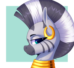Size: 2400x2224 | Tagged: safe, artist:aquaticvibes, zecora, pony, zebra, g4, abstract background, ear piercing, earring, female, high res, jewelry, lidded eyes, mare, neck rings, piercing, quadrupedal, smiling, smirk, solo