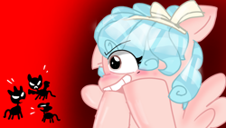 Size: 2048x1152 | Tagged: artist needed, source needed, safe, cozy glow, pegasus, pony, g4, cheeky, looking left, mad face, red background, shadow, simple background, yelling