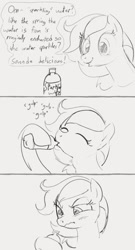 Size: 692x1280 | Tagged: safe, artist:dotkwa, oc, oc only, earth pony, pony, comic, deception, dialogue, disgusted, drink, drinking, female, grayscale, hoof hold, mare, monochrome, onomatopoeia, open mouth, scrunchy face, solo, sound effects, sparkling water, water bottle