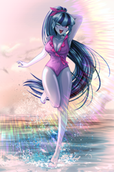 Size: 3219x4852 | Tagged: safe, artist:rileyav, sonata dusk, equestria girls, adorasexy, arm behind head, armpits, barefoot, beach, beautiful, big breasts, blushing, breasts, busty sonata dusk, cleavage, clothes, commission, cute, cute little fangs, eyebrows, eyebrows visible through hair, eyelashes, eyeshadow, fangs, feet, female, high res, legs, long hair, makeup, nail polish, ocean, one eye closed, one-piece swimsuit, open mouth, open smile, ponytail, running, sexy, smiling, solo, sonatabetes, stupid sexy sonata dusk, summer, swimsuit, thick, thighs, toenail polish, water, wink