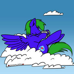 Size: 1000x1000 | Tagged: safe, artist:skydreams, oc, oc only, oc:aqua grass, pegasus, pony, chocolate, cloud, female, food, hot chocolate, mare, marshmallow, on a cloud, patreon, patreon reward, simple background