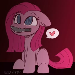 Size: 3000x3000 | Tagged: safe, artist:sakukitty, pinkie pie, earth pony, pony, fanfic:cupcakes, g4, :3, adoracreepy, creepy, cute, cuteamena, empty eyes, floppy ears, gradient background, heart, high res, knife, looking up, mouth hold, no catchlights, no pupils, pictogram, pinkamena diane pie, sitting, smiling, solo, speech bubble, spoken heart