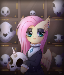 Size: 1000x1180 | Tagged: safe, artist:toxiccolour, fluttershy, pegasus, pony, g4, choker, clothes, collection, dress, ear piercing, earring, eyeshadow, female, fluttergoth, jewelry, lidded eyes, looking away, makeup, mare, piercing, skull, solo