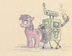 Size: 700x552 | Tagged: safe, artist:adeptus-monitus, twilight sparkle, pony, robot, unicorn, g4, coffee, newspaper, simple background, solo, traditional art, unicorn twilight