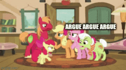 Size: 360x202 | Tagged: safe, edit, edited screencap, screencap, apple bloom, applejack, big macintosh, granny smith, pinkie pie, earth pony, pony, g4, pinkie apple pie, animated, apple, apple family, colored hooves, female, food, freckles, gif, horse collar, male, mare, mouth hold, quill, stallion, text, unshorn fetlocks