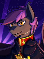 Size: 1560x2100 | Tagged: safe, artist:tofuslied-, bat pony, pony, equestria at war mod, bust, cape, clothes, eye lashes, fangs, looking at you, portrait, solo, uniform, yellow eyes