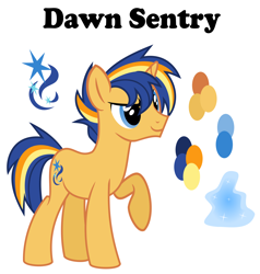 Size: 2388x2511 | Tagged: safe, artist:sunsetsparkle129, oc, oc only, oc:dawn sentry, pony, unicorn, high res, male, offspring, parent:flash sentry, parent:twilight sparkle, parents:flashlight, reference sheet, simple background, solo, stallion, white background