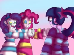 Size: 1024x768 | Tagged: safe, artist:artsymlp12, pinkie pie, rarity, sci-twi, twilight sparkle, equestria girls, g4, brainwashing, daze, daze pinkie, daze rarity, hypnosis, hypnotized