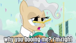 Size: 1920x1080 | Tagged: safe, edit, edited screencap, screencap, mayor mare, earth pony, pony, g4, simple ways, caption, female, image macro, mare, microphone, reaction image, solo, text, why are you booing me i'm right