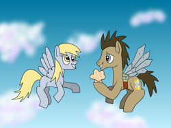 Size: 1280x960 | Tagged: safe, artist:platinumdrop, derpy hooves, doctor whooves, time turner, earth pony, pegasus, pony, g4, artificial wings, augmented, cloud, female, flying, food, male, mare, muffin, request, sky, smiling, stallion, wings