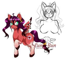 Size: 1600x1500 | Tagged: safe, artist:eumi-bun, oc, oc only, oc:cloveragate, pegasus, pony, anthro, anthro with ponies, breasts, duo, featureless breasts, female, glasses, mare, pegasus oc, raised hoof, simple background, transparent background