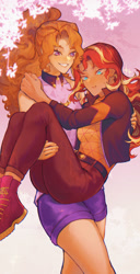 Size: 1093x2128 | Tagged: safe, artist:stummm, adagio dazzle, sunset shimmer, equestria girls, g4, bridal carry, carrying, clothes, female, geode of empathy, jacket, lesbian, magical geodes, pants, ship:sunsagio, shipping, shorts, smiling, thighs, tree