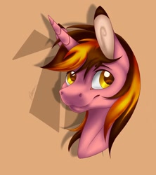 Size: 1404x1582 | Tagged: safe, artist:eperyton, oc, oc only, pony, unicorn, brown background, bust, horn, male, simple background, smiling, solo, stallion, unicorn oc