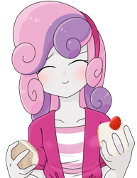 Size: 987x1280 | Tagged: safe, alternate version, artist:batipin, sweetie belle, equestria girls, g4, blushing, cake, cute, diasweetes, eating, eyes closed, female, food, simple background, solo, transparent background