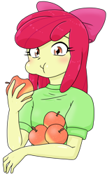 Size: 784x1280 | Tagged: safe, alternate version, artist:batipin, apple bloom, equestria girls, g4, adorabloom, apple, blushing, cute, eating, eyes closed, female, food, simple background, solo, transparent background