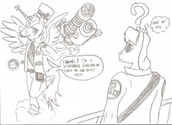 Size: 2338x1700 | Tagged: safe, artist:witkacy1994, big macintosh, caramel, alicorn, earth pony, anthro, g4, alicornified, bigmacicorn, clothes, dialogue, gun, heavy weapons guy, lineart, monochrome, princess big mac, race swap, simple background, soldier, soldier (tf2), team fortress 2, traditional art, weapon, white background