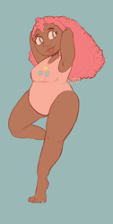 Size: 2048x4048 | Tagged: safe, artist:scribleydoodles, pinkie pie, human, g4, alternate hairstyle, armpits, barefoot, blue background, breasts, clothes, cute, dark skin, diapinkes, fat, feet, female, humanized, open mouth, pudgy pie, simple background, solo, summer, swimsuit