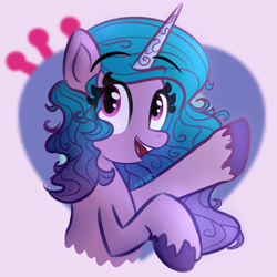 Size: 2000x2000 | Tagged: safe, artist:thelazydumpling, izzy moonbow, pony, unicorn, g5, cute, female, high res, izzybetes, mare, open mouth, raised hoof, solo, unshorn fetlocks