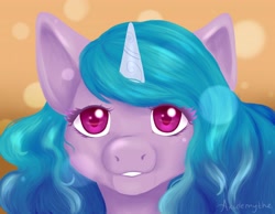 Size: 4000x3100 | Tagged: safe, artist:axidemythe, izzy moonbow, pony, unicorn, g5, abstract background, bust, cute, female, high res, izzybetes, looking at you, mare, portrait, solo