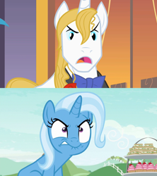 Size: 1280x1440 | Tagged: safe, edit, edited screencap, screencap, prince blueblood, trixie, pony, unicorn, g4, student counsel, the best night ever, angry, female, lip bite, male, mare, ship:bluetrix, shipping, shipping domino, stallion, straight