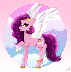 Size: 771x781 | Tagged: safe, artist:aber6823, pipp petals, pegasus, pony, g5, abstract background, adorapipp, cloud, coat markings, cute, female, hoof fluff, mare, raised hoof, skinny pipp, sky, socks (coat markings), solo, unshorn fetlocks, wings