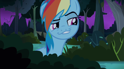 Size: 1280x720 | Tagged: safe, screencap, rainbow dash, pegasus, pony, daring don't, g4, season 4, faic, female, jungle, mare, night, out of context, rainbow dash is best facemaker, smiling, smirk, smug, smugdash, solo, teeth, tree