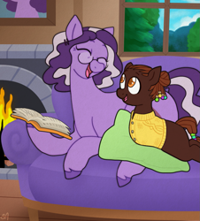 Size: 1023x1133 | Tagged: safe, artist:greenarsonist, oc, oc only, oc:lavender atlas, oc:sunflower folio, earth pony, pony, book, bust, clothes, disability, disabled, earth pony oc, female, fire, fireplace, glasses, male, pillow, portrait, reading, smiling, sweater, trans male, transgender, window, younger