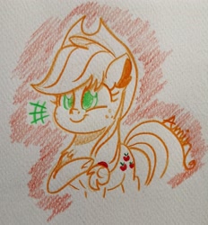 Size: 2856x3071 | Tagged: safe, artist:c.a.m.e.l.l.i.a, applejack, g4, adorable face, cute, happy, high res, jackabetes, simple background, smiling, traditional art