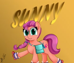 Size: 2048x1725 | Tagged: safe, artist:daftramms, sunny starscout, earth pony, pony, g5, badge, bag, braid, cute, female, looking at you, mare, roller skates, signature, smiling, solo, sunnybetes, text