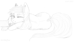 Size: 2998x1720 | Tagged: safe, artist:lorddefius, roseluck, human, pony, g4, behaving like a cat, commission, commissioner:doom9454, concave belly, cute, eyelashes, eyes closed, hand, lying down, offscreen character, offscreen human, on side, petting, pony pet, rosepet, sketch, slender, smiling, solo focus, spine, thin