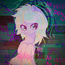 Size: 3000x3000 | Tagged: safe, artist:umbrapone, oc, oc:bass-beat, earth pony, pony, all will be pony, bust, coat markings, code, high res, multicolored eyes, multicolored mane, pink hair, python (language), retrowave, sine wave, socks (coat markings), solo, speckled, unshorn fetlocks, vaporwave