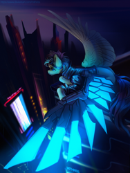 Size: 3000x4000 | Tagged: safe, artist:mithriss, oc, oc only, oc:adroga, pegasus, pony, amputee, artificial wings, augmented, city, clothes, commission, cyberpunk, flying, goggles, jacket, leather jacket, prosthetic limb, prosthetic wing, prosthetics, solo, spread wings, twilight (astronomy), wings