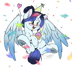 Size: 1280x1200 | Tagged: safe, artist:sketchiix3, oc, oc only, alicorn, pony, alicorn oc, candle, colored underhoof, confetti, cupcake, eye clipping through hair, eyebrows, eyebrows visible through hair, food, frog (hoof), glasses, hat, heart, horn, open mouth, party hat, smiling, solo, spread wings, underhoof, wings