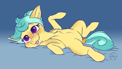 Size: 4000x2250 | Tagged: safe, artist:klarapl, oc, oc only, oc:karoline skies, earth pony, pony, belly, chest fluff, cute, ear fluff, female, lying down, mare, ocbetes, on back, smiling, solo, tail wrap, tongue out