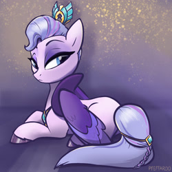 Size: 2048x2048 | Tagged: safe, artist:pfeffaroo, queen haven, pegasus, pony, g5, abstract background, female, high res, jewelry, looking back, lying down, mare, prone, solo, unshorn fetlocks