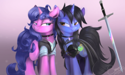 Size: 1992x1200 | Tagged: safe, artist:sketchiix3, oc, oc only, pony, unicorn, clothes, commission, lidded eyes, looking at each other, oc x oc, shipping, sword, weapon