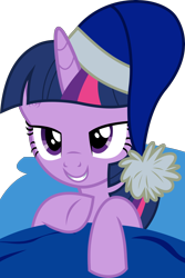 Size: 3454x5159 | Tagged: safe, artist:frownfactory, twilight sparkle, alicorn, pony, g4, my little pony: friendship is magic, power ponies (episode), bed, blanket, hat, horn, nightcap, pillow, simple background, solo, transparent background, twilight sparkle (alicorn), vector