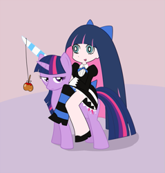 Size: 573x600 | Tagged: safe, artist:dstears, twilight sparkle, angel, pony, unicorn, g4, anarchy stocking, apple, candy apple, carrot on a stick, clothes, dress, food, frown, gradient background, gray background, lidded eyes, open mouth, panty and stocking with garterbelt, simple background, smiling, socks, stockinglight, stockings, striped socks, sword, thigh highs, unamused, unicorn twilight, wat, weapon
