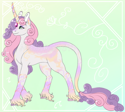Size: 926x828 | Tagged: safe, alternate version, artist:malinraf1615, sweetie belle, classical unicorn, pony, unicorn, g4, cloven hooves, curved horn, ear piercing, earring, eyeshadow, female, fetlock tuft, horn, horn ring, jewelry, leg fluff, leonine tail, makeup, mare, markings, older, older sweetie belle, piercing, redesign, ring, smiling, solo, unshorn fetlocks