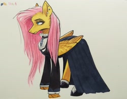 Size: 2804x2187 | Tagged: safe, artist:rover, artist:rrrover, fluttershy, pegasus, pony, fake it 'til you make it, g4, clothes, dress, goth, gothic fluttershy, high res, makeup, solo, traditional art