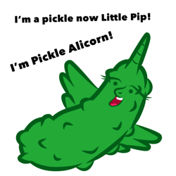 Size: 1000x1000 | Tagged: safe, artist:pizzamovies, fallout equestria, artificial alicorn, dialogue, food, green alicorn (fo:e), horn, pickle, pickle rick, thanks i hate it