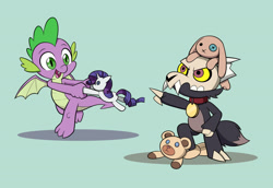 Size: 1600x1100 | Tagged: safe, artist:mew-me, rarity, spike, bear, dragon, pony, rabbit, titan, unicorn, g4, animal, blue background, broken horn, collar, crossover, duo, duo male, francois, horn, king clawthorne, male, open mouth, pet tag, plushie, rarity plushie, simple background, skull, teddy bear, the owl house, toy, winged spike, wings