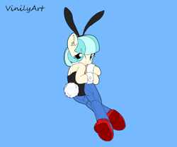 Size: 772x641 | Tagged: safe, artist:vinilyart, coco pommel, earth pony, pony, g4, blue background, bunny ears, bunny suit, clothes, cocobetes, cuffs (clothes), cute, leotard, looking at you, pantyhose, playboy bunny, simple background, solo